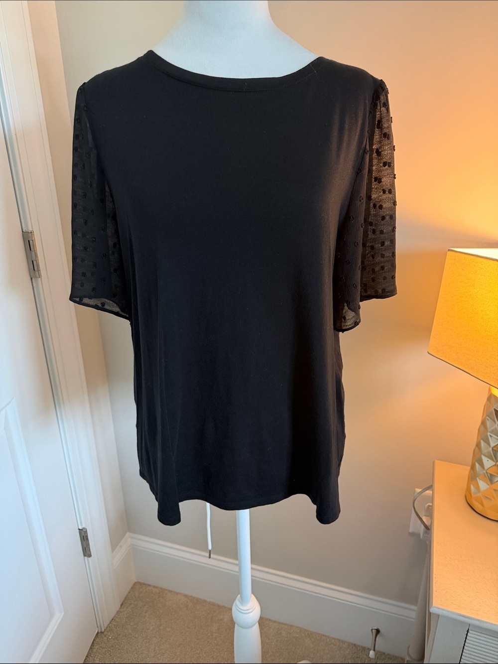 Loft Black Short Sleeve Dot Mesh Sleeve Tee - Women